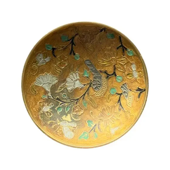 Brass Cloisonné Decorative Trinket Pedestal Dish/Bowl Birds Flowers Vtg 1970s - Picture 5 of 7